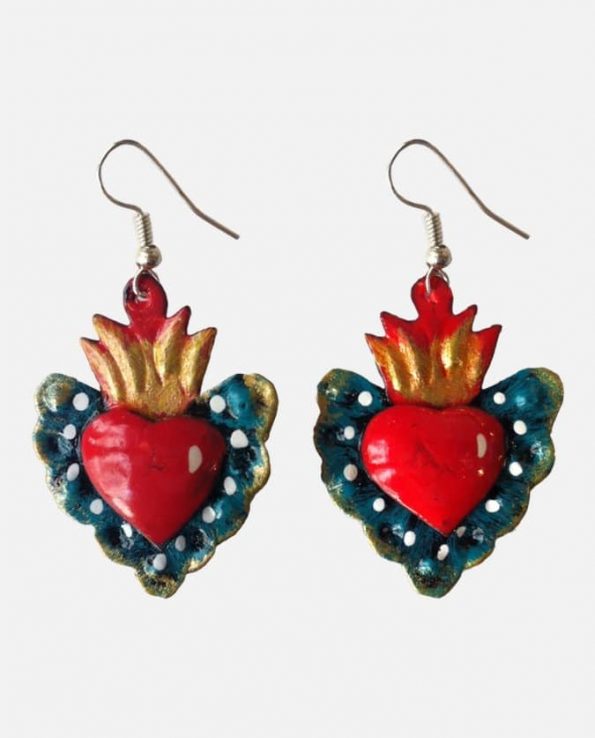 Boucles d'oreille coeur métal peint, turquoise