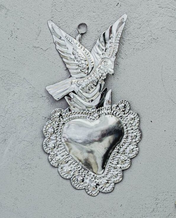 Coeur ex-voto mexicain colombe métal naturel